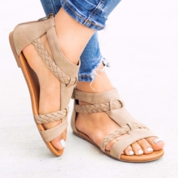 Shoes - Taupe Vegan Leather Braided Buckle strap Sandal